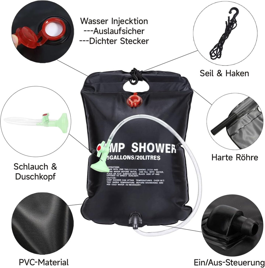 ECtury Camping zonnedouche 20 liter mobiele zonnedouche camping tuindouche warm water draagbare zonne-waterzak tuin reisdouche met douchekop