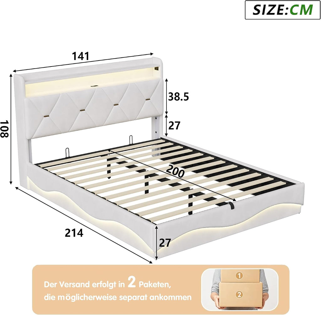 Lit Coffre BRILVERDE | LED RGB & Port USB | Sommier à Lattes | Tissu Lin | 90 à 160 x 200 cm