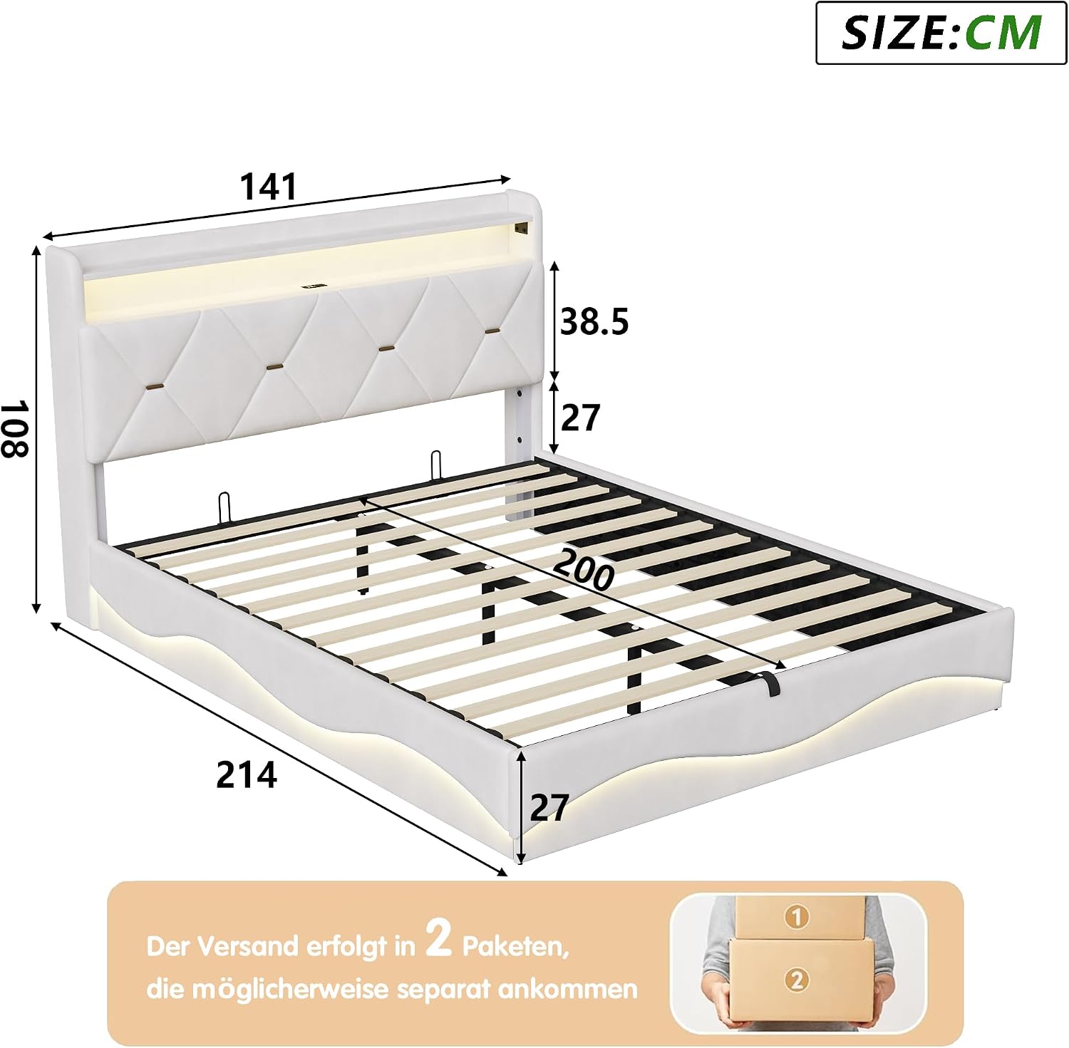 Lit Coffre BRILVERDE | LED RGB & Port USB | Sommier à Lattes | Tissu Lin | 90 à 160 x 200 cm
