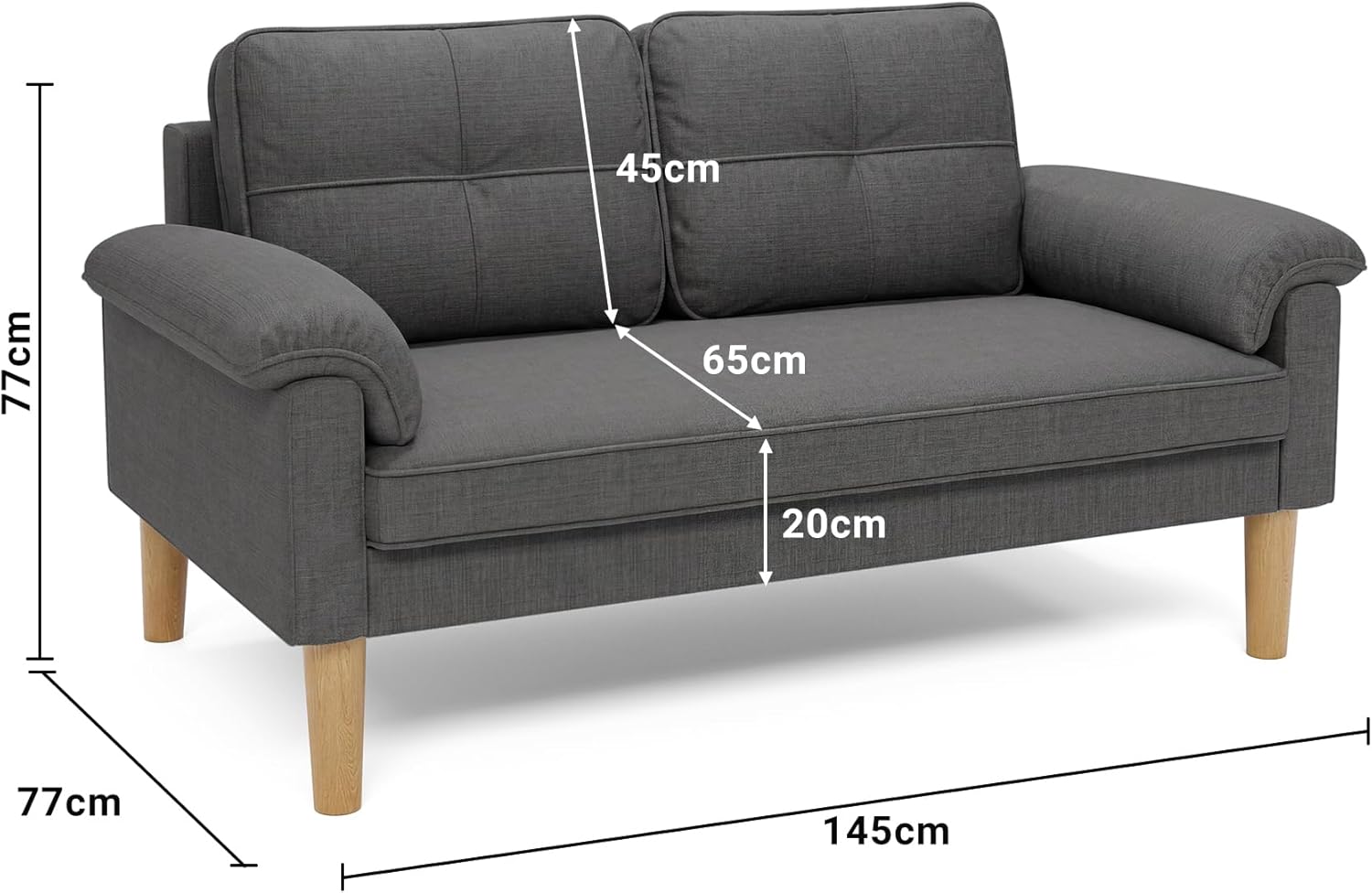 Canapé 2 Places en Lin – Gris Anthracite, Pieds Bois, Poches Latérales | Petit Espace