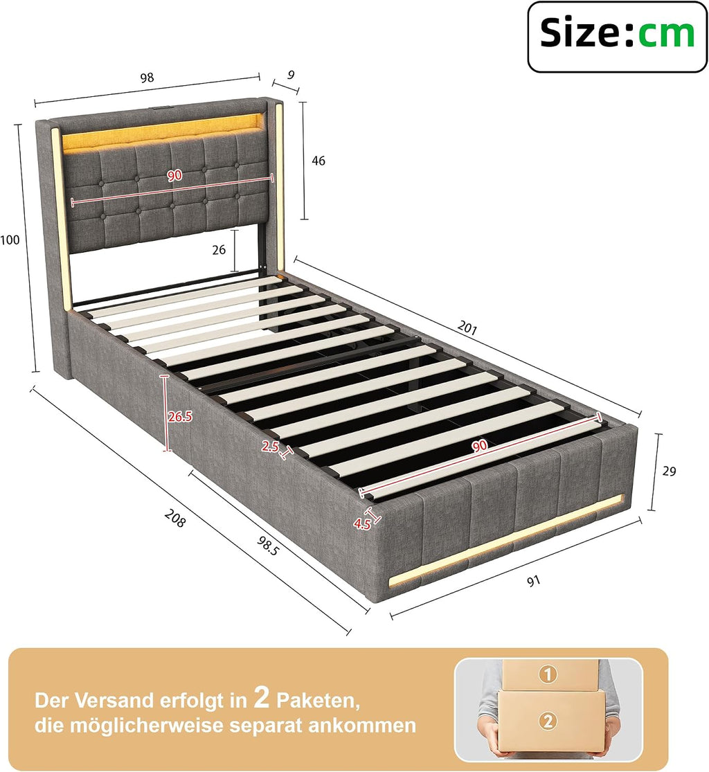 Lit Coffre 90x200 cm – Tête de Lit Rangement, Éclairage LED 16 Couleurs & Ports USB/USB-C