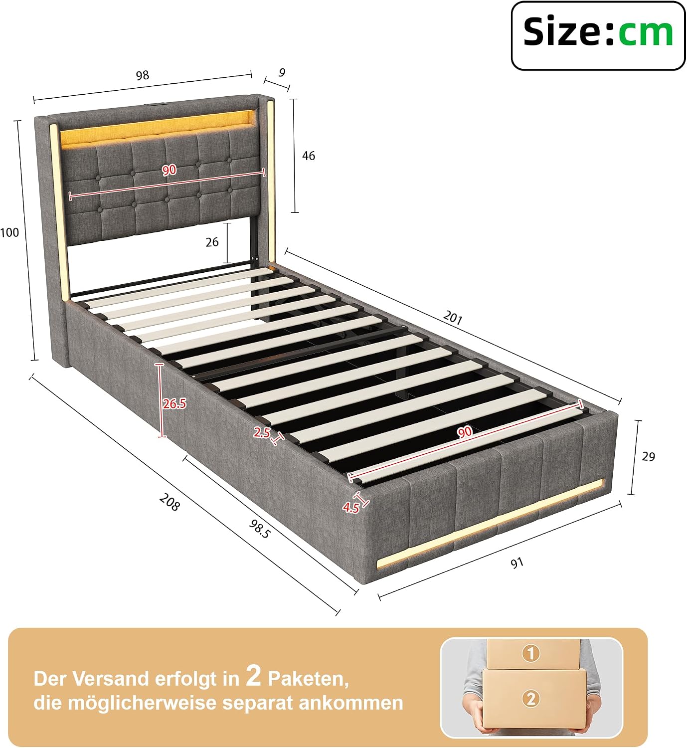 Lit Coffre 90x200 cm – Tête de Lit Rangement, Éclairage LED 16 Couleurs & Ports USB/USB-C