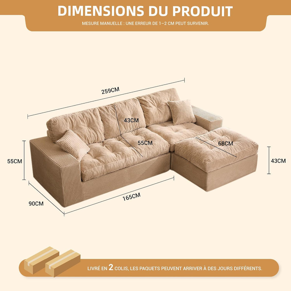 Canapé d'angle modulable Litbird – 3 places + pouf – Velours côtelé beige – Sans montage