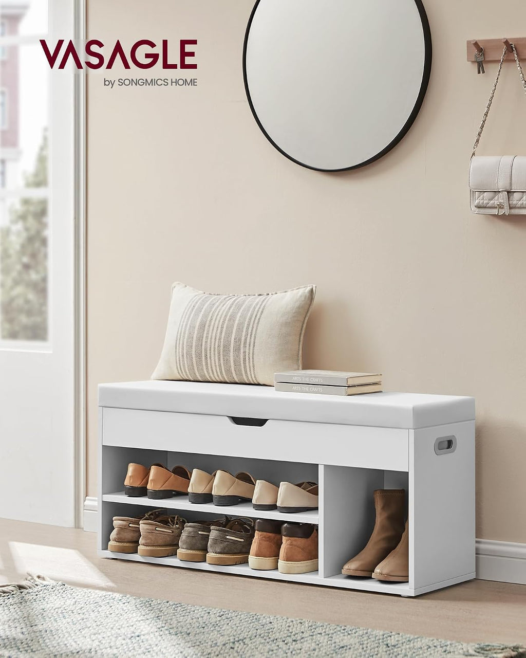 Banc à Chaussures Rembourré VASAGLE – Rangement 3 Compartiments, Style Vintage, 80 cm