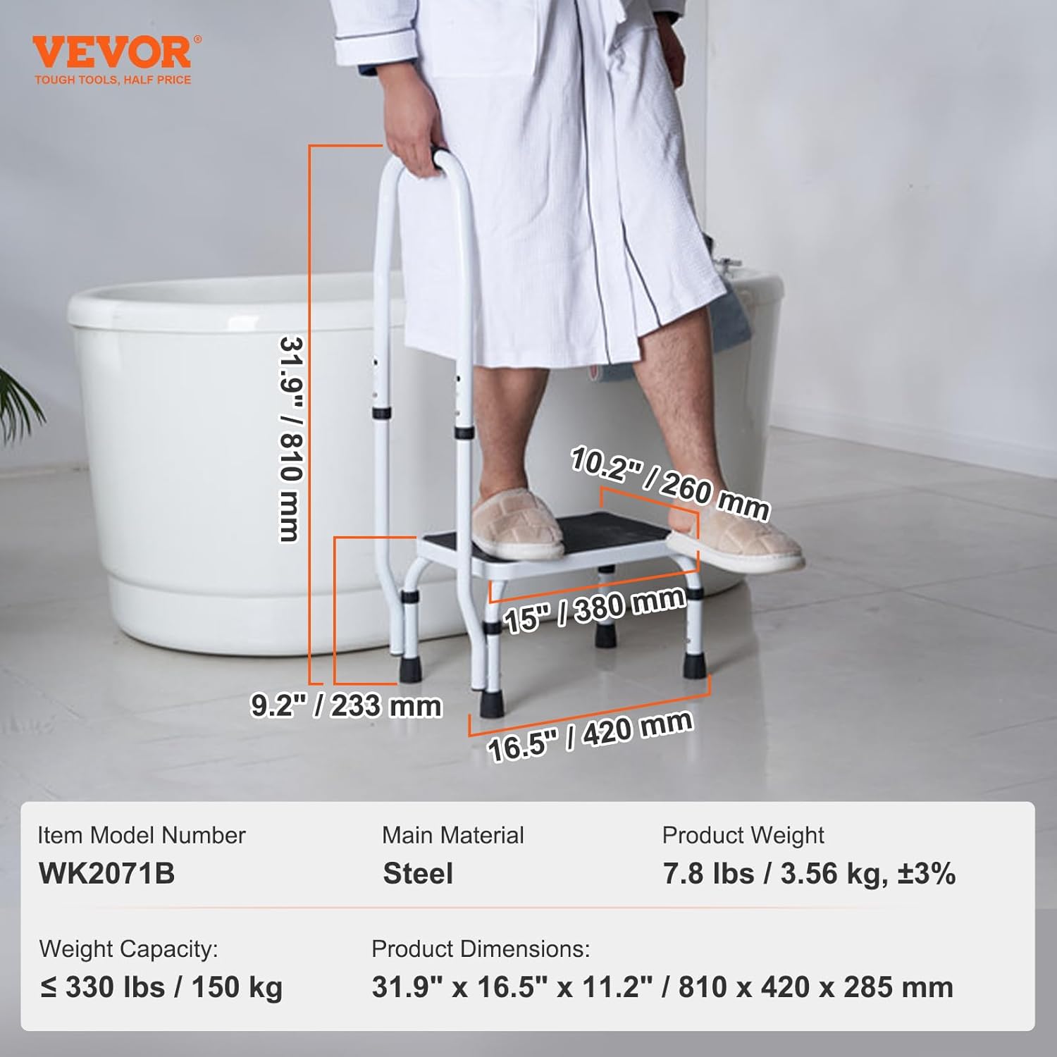 VEVOR Ladder met 1 treden, capaciteit 150 kg, opvouwbare ladder van staal, 3 verstelbare hoogtes, draagbare trapladder voor peuters voor volwassenen, robuuste antislip trapladder voor kantoor, camper