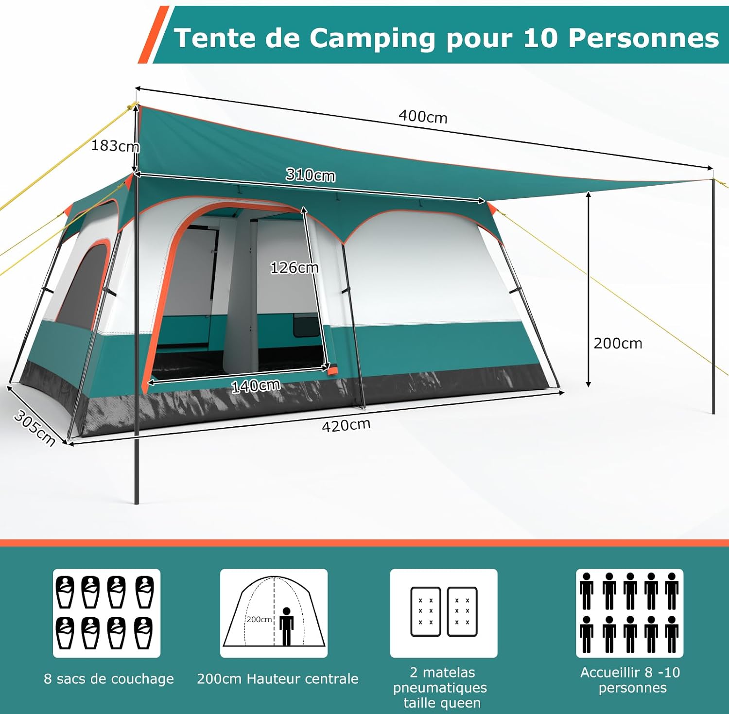 GYMAX Grote campingtent met luifel, 2 aparte slaapkamers, dakraam, afneembaar regenzeil, deuren en ramen, oprolbaar, voor buiten, concerten, picknick
