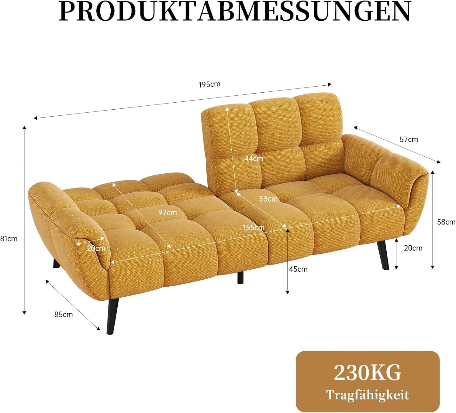 Canapé-lit convertible JIEXI – 3 places – Tissu gris – Dossier 3 positions – 170 cm