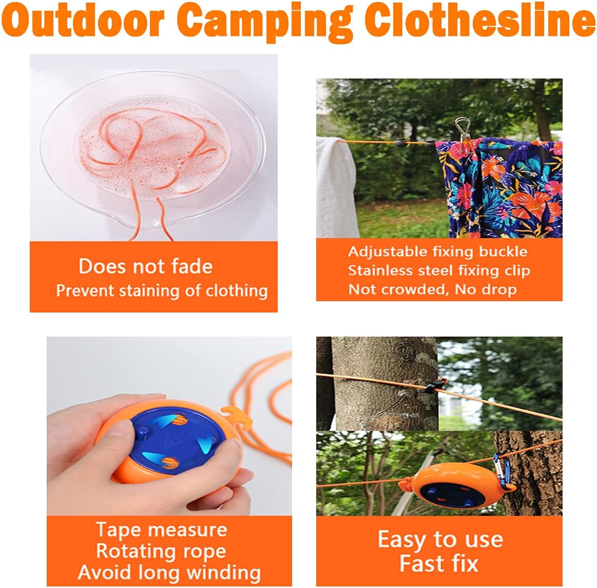 Intrekbare waslijn voor camping, outdoor, reizen, 10 m, met 10 winddichte wasknijpers