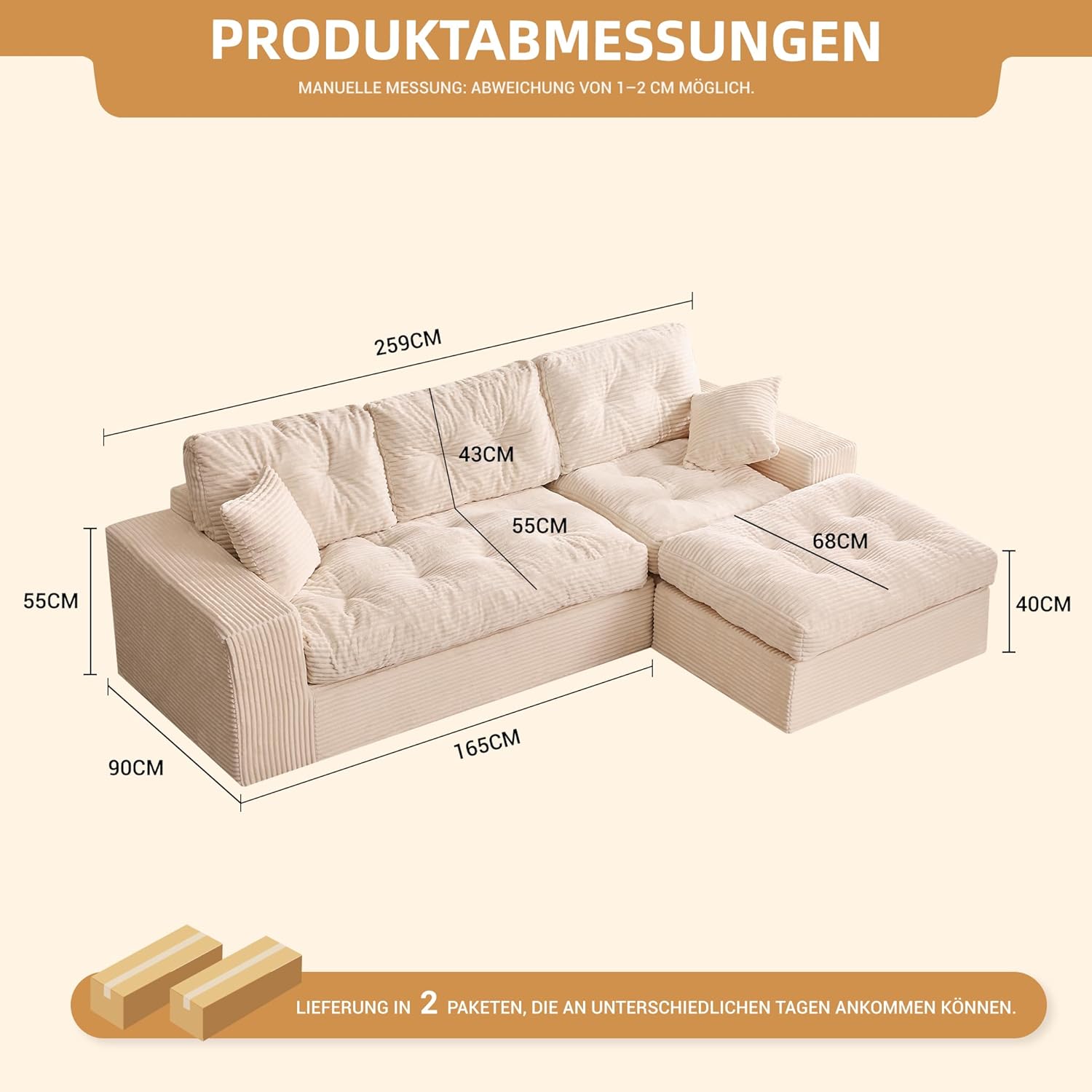 Canapé d'angle modulable Litbird – 3 places + pouf – Velours côtelé beige – Sans montage
