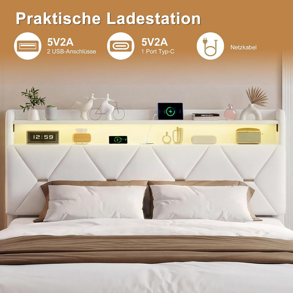 Lit Coffre BRILVERDE | LED RGB & Port USB | Sommier à Lattes | Tissu Lin | 90 à 160 x 200 cm