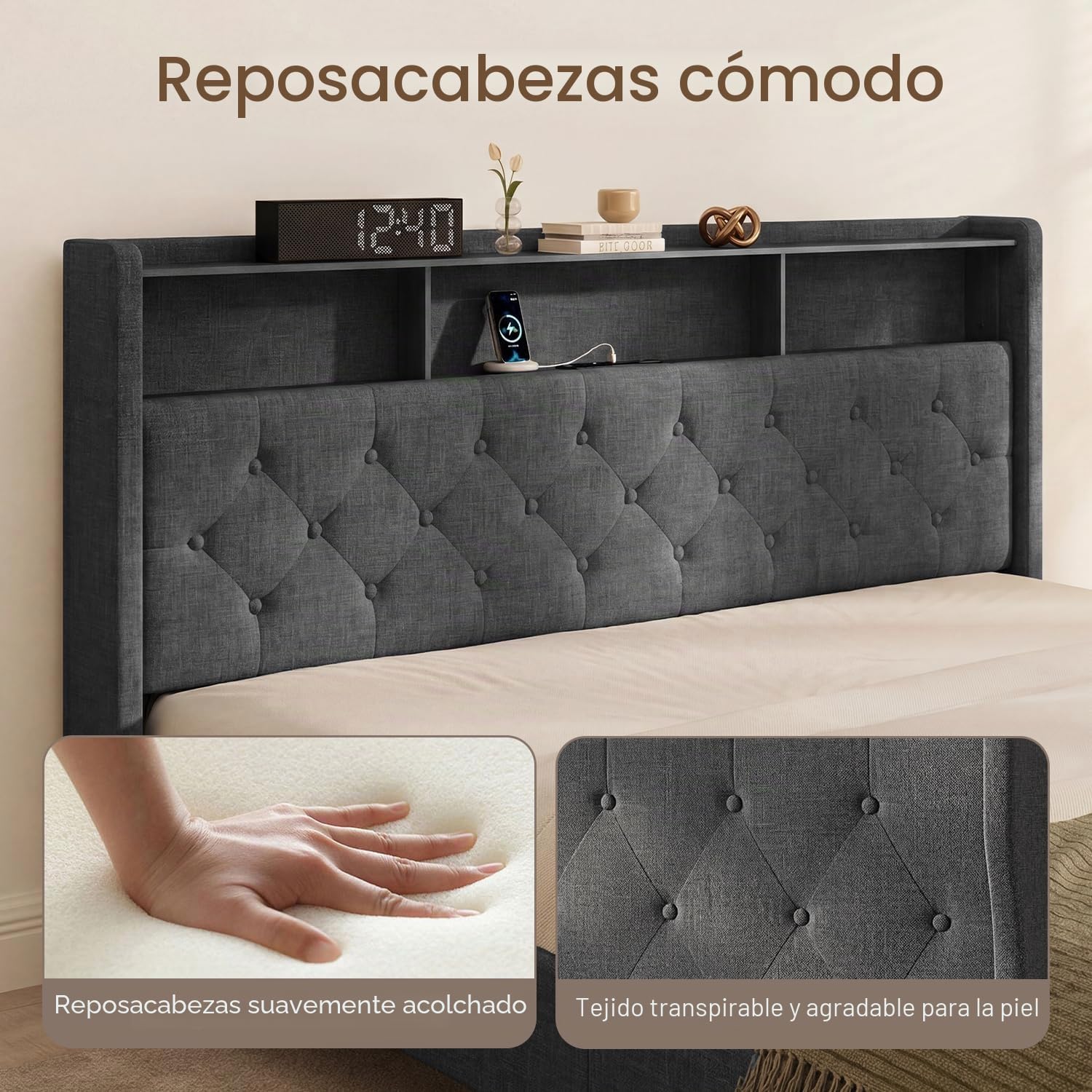 Lit Double 160 x 200 cm avec Éclairage LED & Prise Intégrée – Tête de Lit Capitonnée avec Rangement – Effet Flottant – Beige
