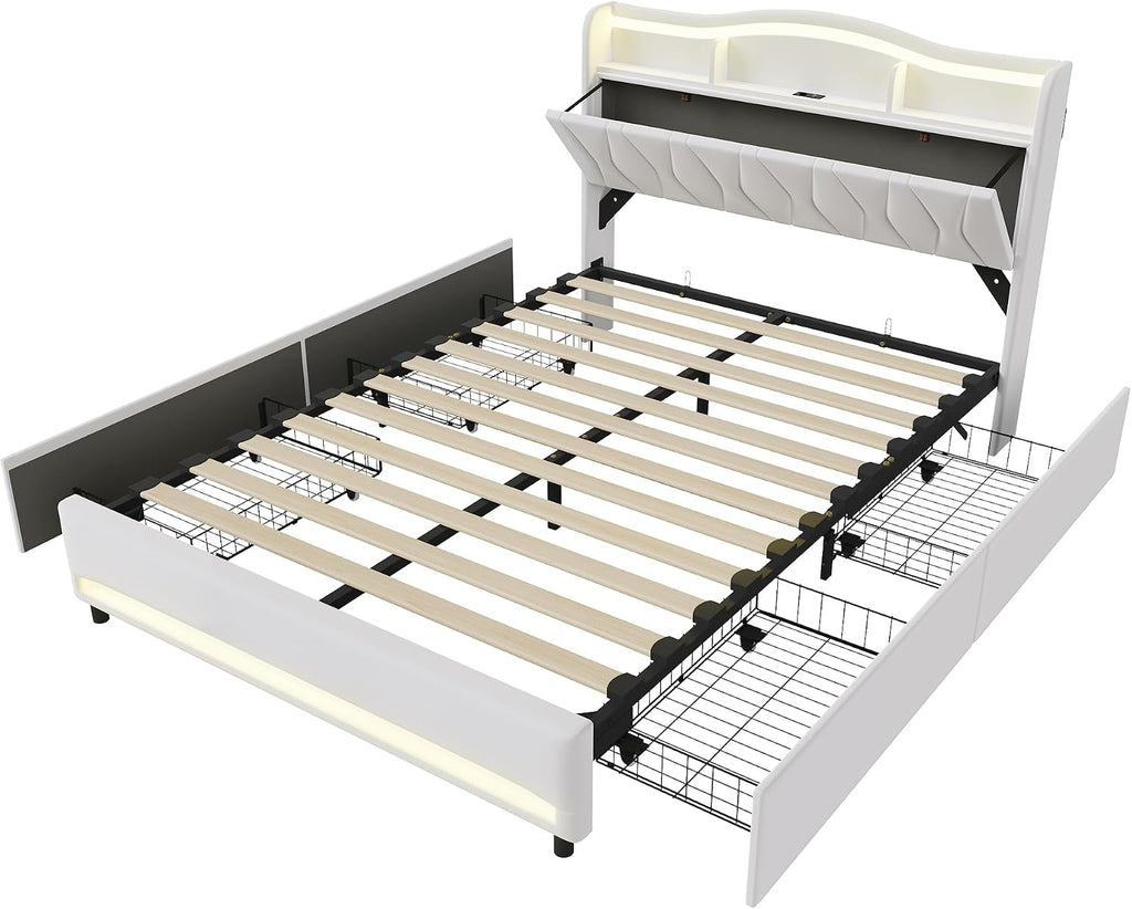 Lit Double 140x200 cm – 4 Tiroirs de Rangement, Éclairage LED +6000 Couleurs & Tête de Lit Réglable en PU