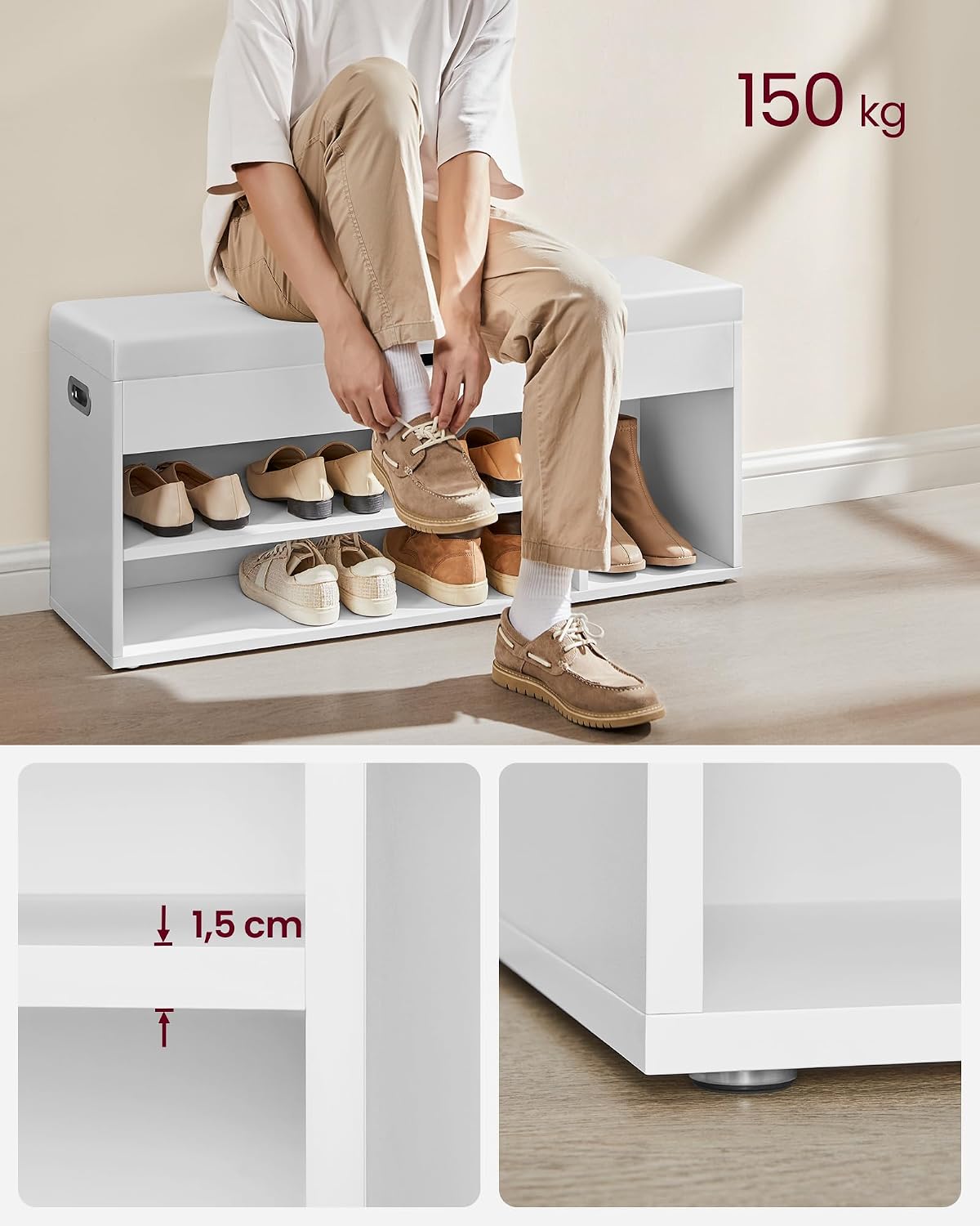 Banc à Chaussures Rembourré VASAGLE – Rangement 3 Compartiments, Style Vintage, 80 cm