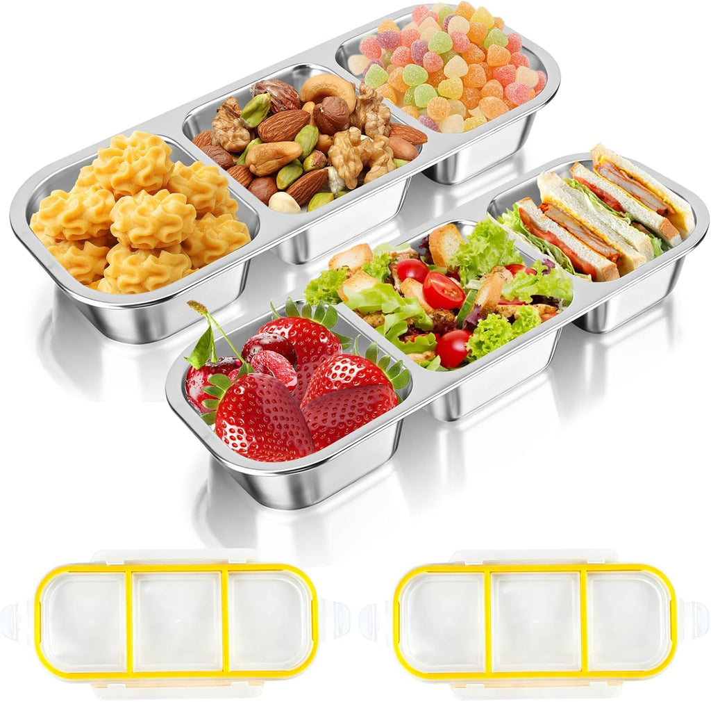 Snackbox met vakken, roestvrij staal, snackbox voor kinderen, met 3 vakken, BPA-vrij, voor snoep, specerijen, noten, koekjes, groenten, school, werk, 26,2 x 10,3 cm
