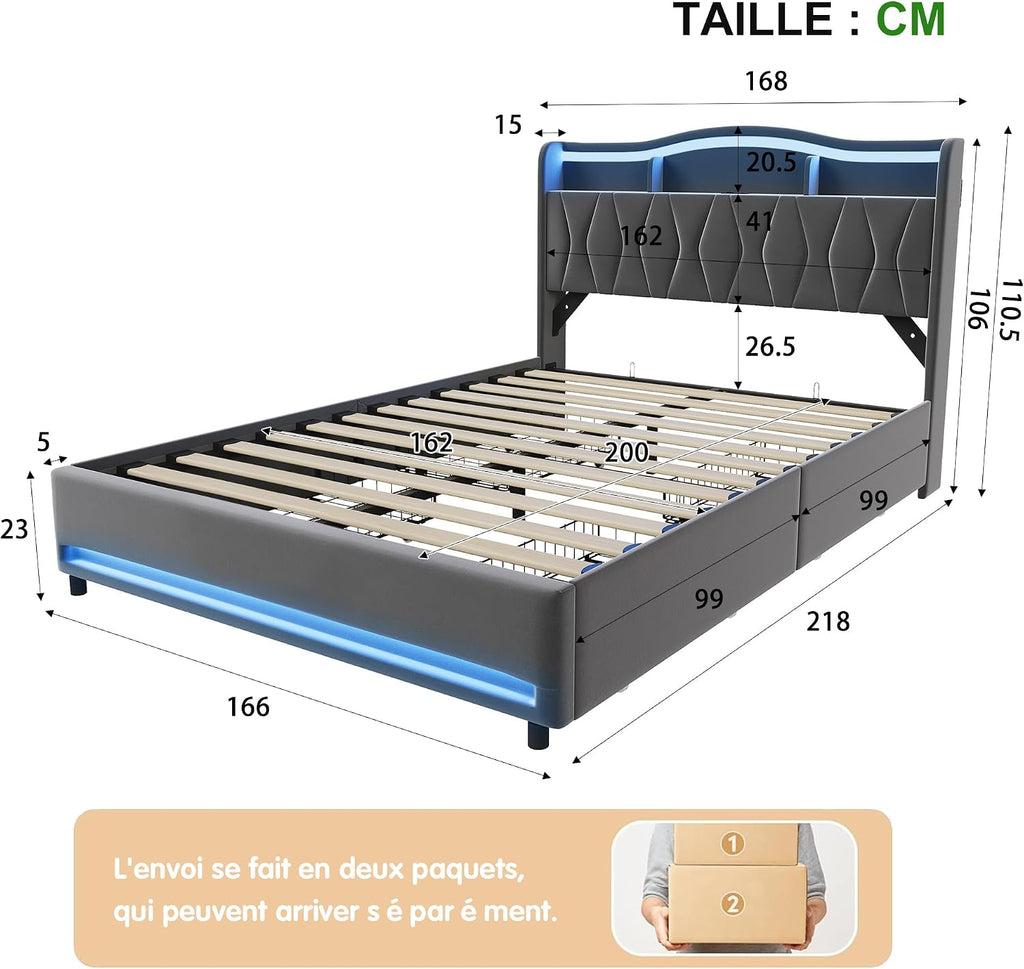 Lit Double 140x200 cm – 4 Tiroirs de Rangement, Éclairage LED +6000 Couleurs & Tête de Lit Réglable en PU