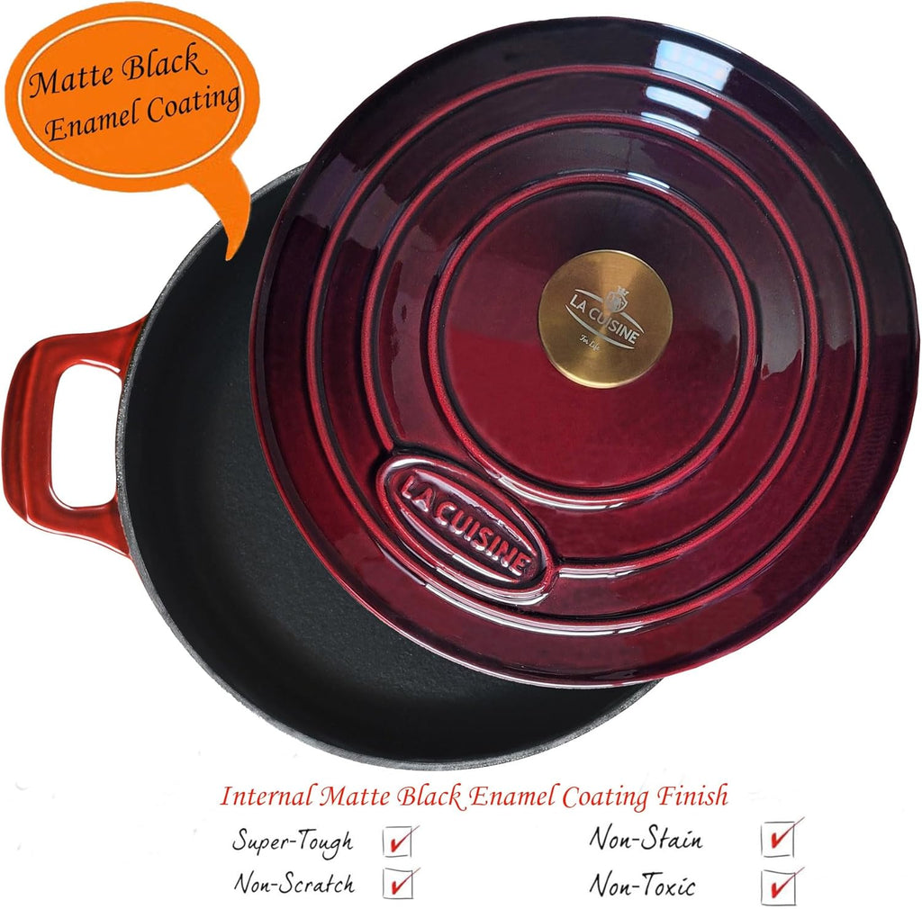 Cocotte Ovale en Fonte Émaillée La Cuisine – 5 L, Canneberge, Bouton Doré, Induction