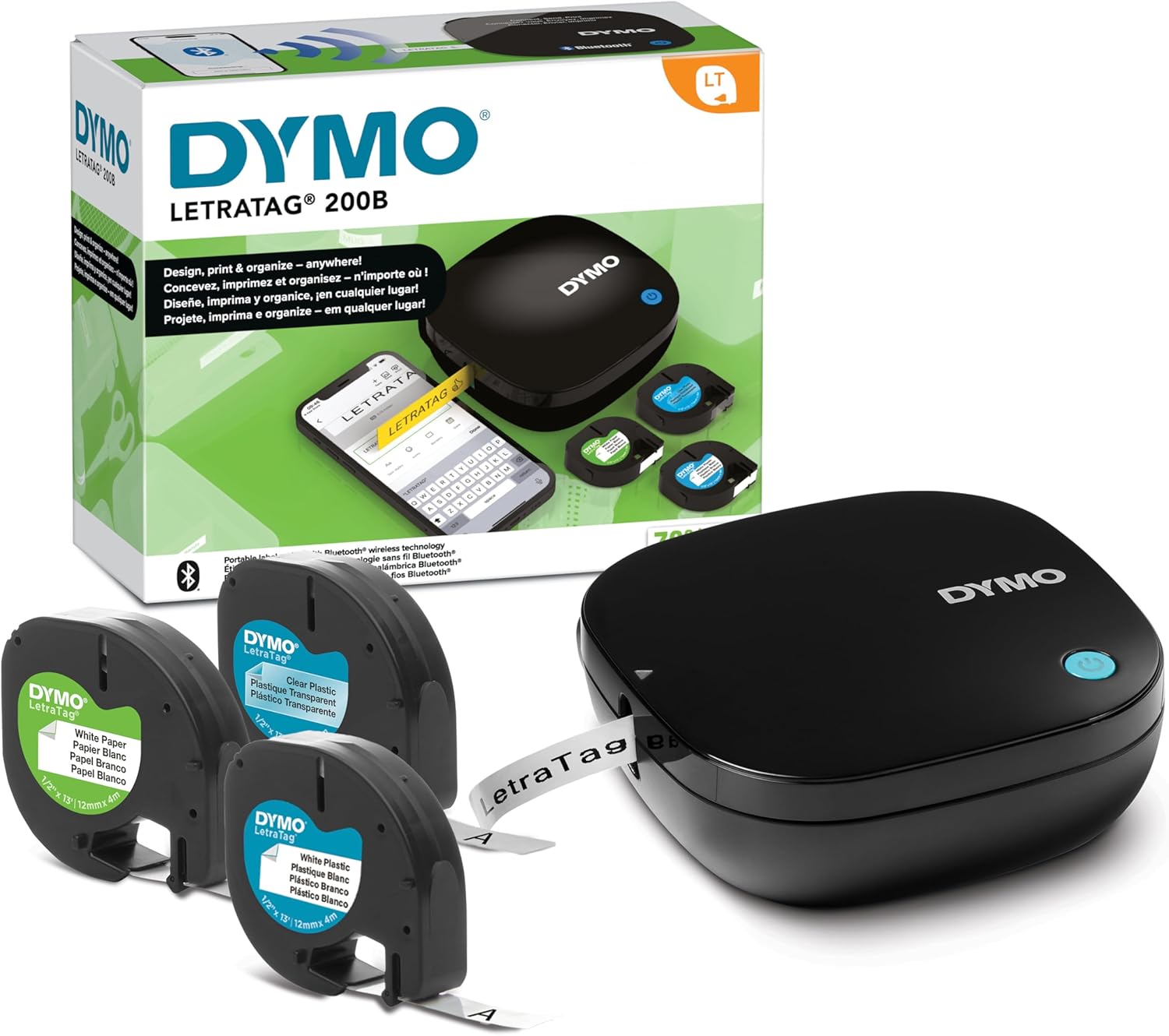 DYMO LetraTag 200B Bluetooth-labelprinter, compacte labelprinter, maakt verbinding met iOS en Android met draadloze Bluetooth-technologie, bevat 3 labelbanden