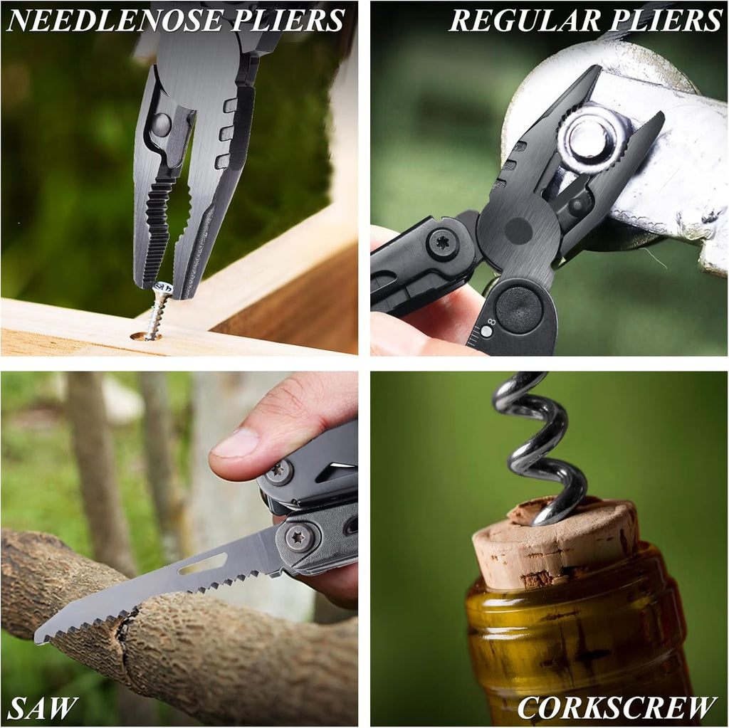 RoverTac Multitool zakmes tactisch survivalmes camping geschenken voor mannen papa echtgenoot 18 in 1 multi-tool mes tang schaar kurkentrekker 9-pack schroevendraaier