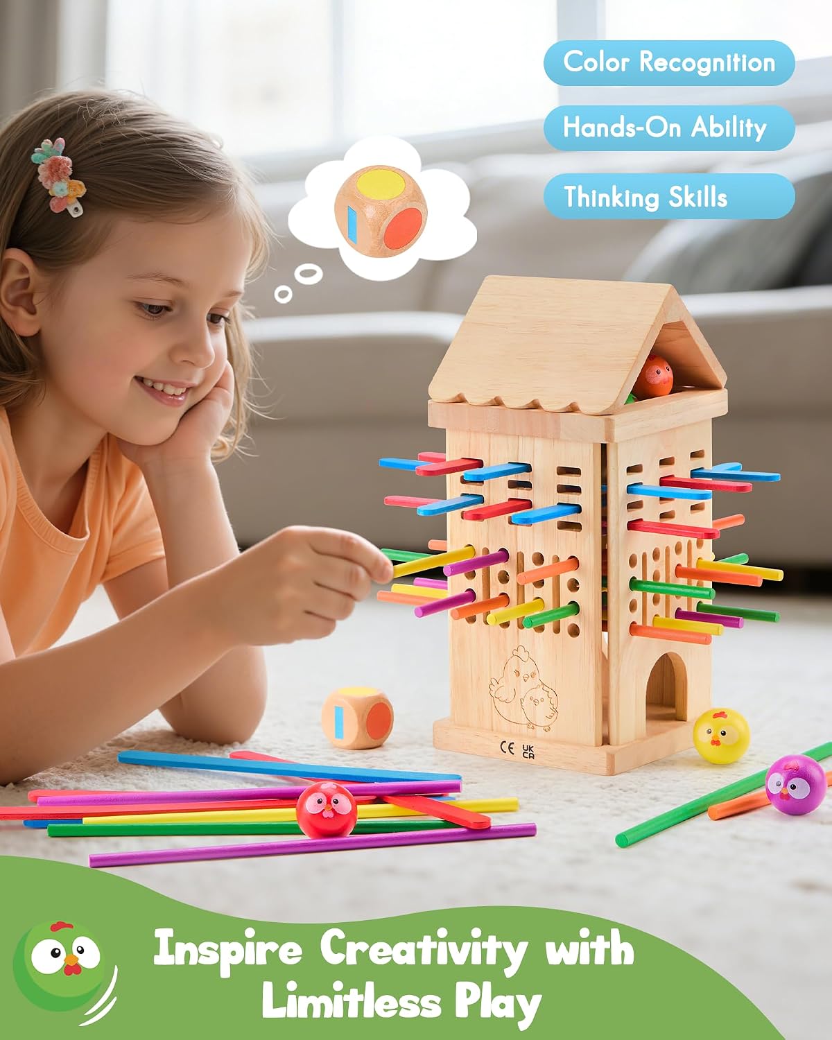 Wooden Board Game for Children 3-6 Years - Chicken Coop Game with Dice, Sticks and Chick Ball - Family Game Balance and Concentration - Boy Girl Birthday Gift