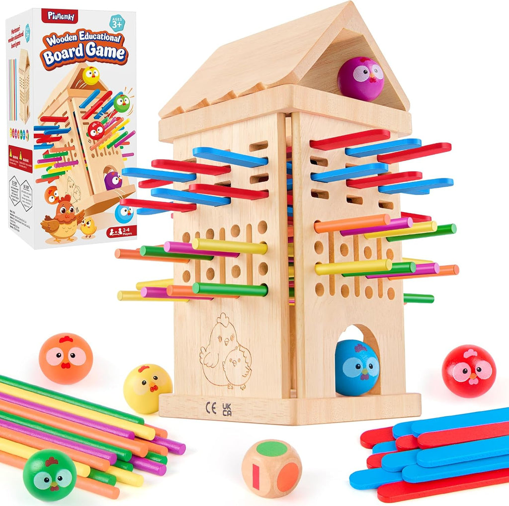 Wooden Board Game for Children 3-6 Years - Chicken Coop Game with Dice, Sticks and Chick Ball - Family Game Balance and Concentration - Boy Girl Birthday Gift