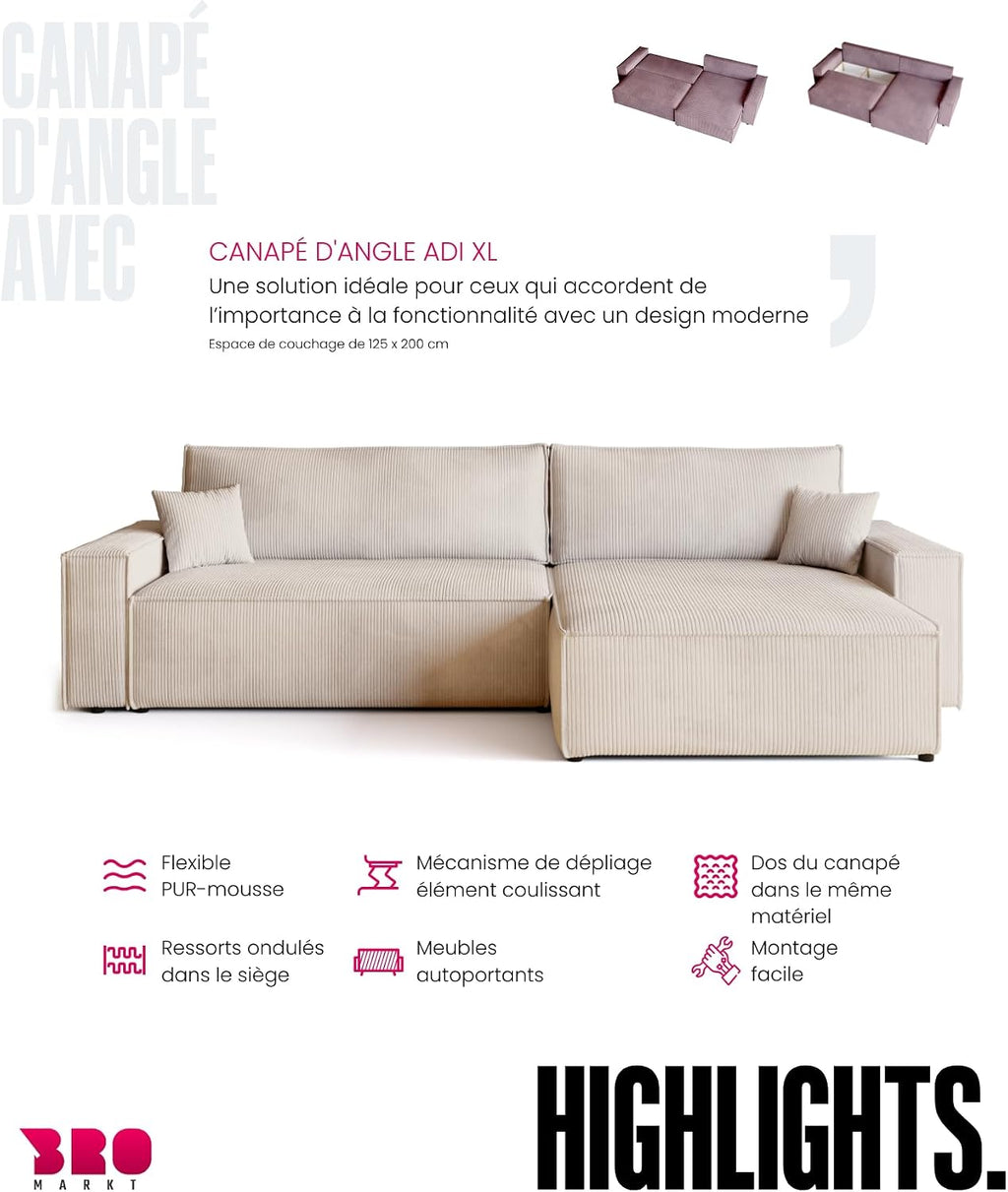 Canapé d'angle convertible BROMARKT ADI XL – 3 places – Velours côtelé vanille – Coffre de rangement