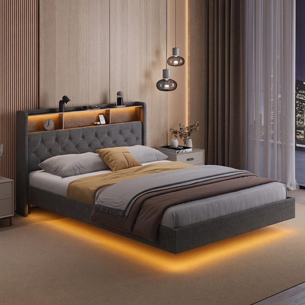 Lit Double 160 x 200 cm avec Éclairage LED & Prise Intégrée – Tête de Lit Capitonnée avec Rangement – Effet Flottant – Beige