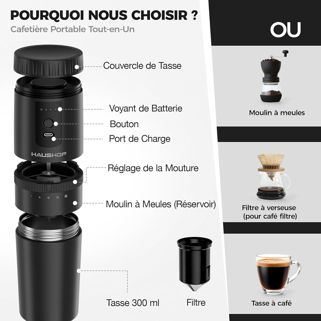 HAUSHOF Draagbare alles-in-één koffiezetapparaat met geïntegreerde molen, 5 maalinstellingen, USB-C oplaadbaar, 300 ml, ideaal voor reizen en kamperen, zwart