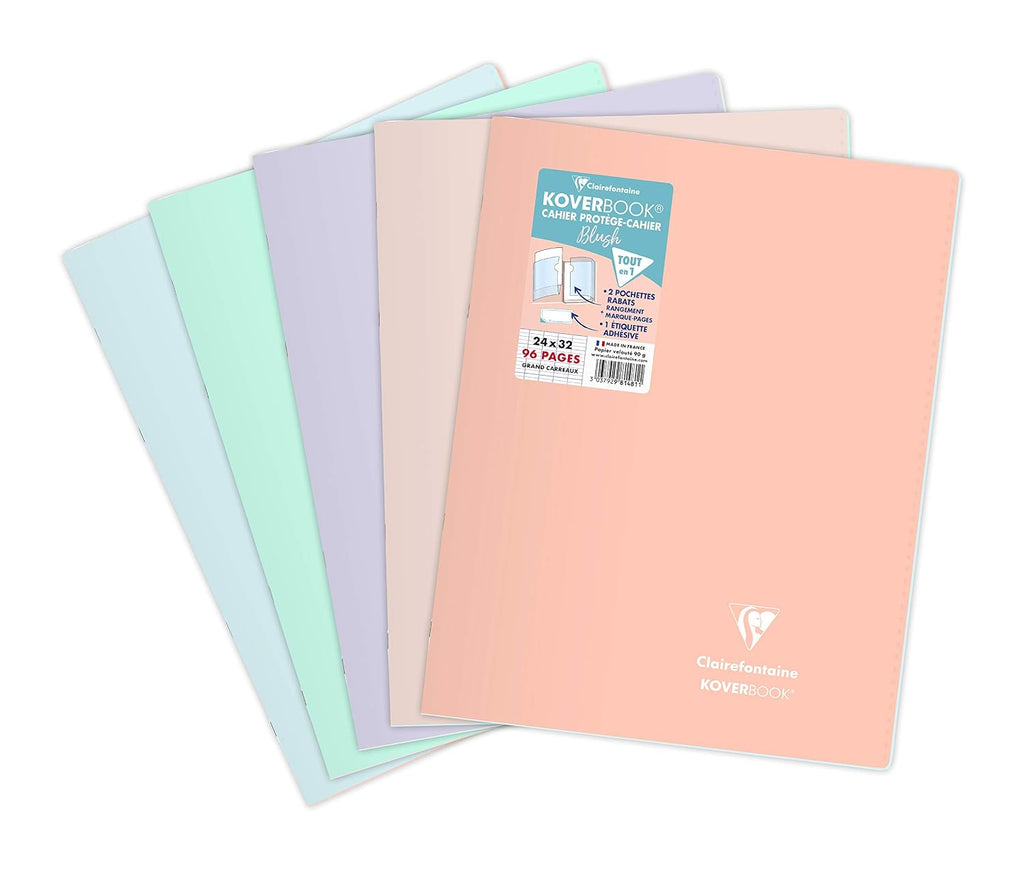Clairefontaine 981481AMZC Koverbook Blush Schrift, 96 pagina's, 24 x 32 cm, 90 g, grote ruiten, envelop van polypropyleen, gesorteerd (frosted blauw, mint, paars, poederroze en koraal)