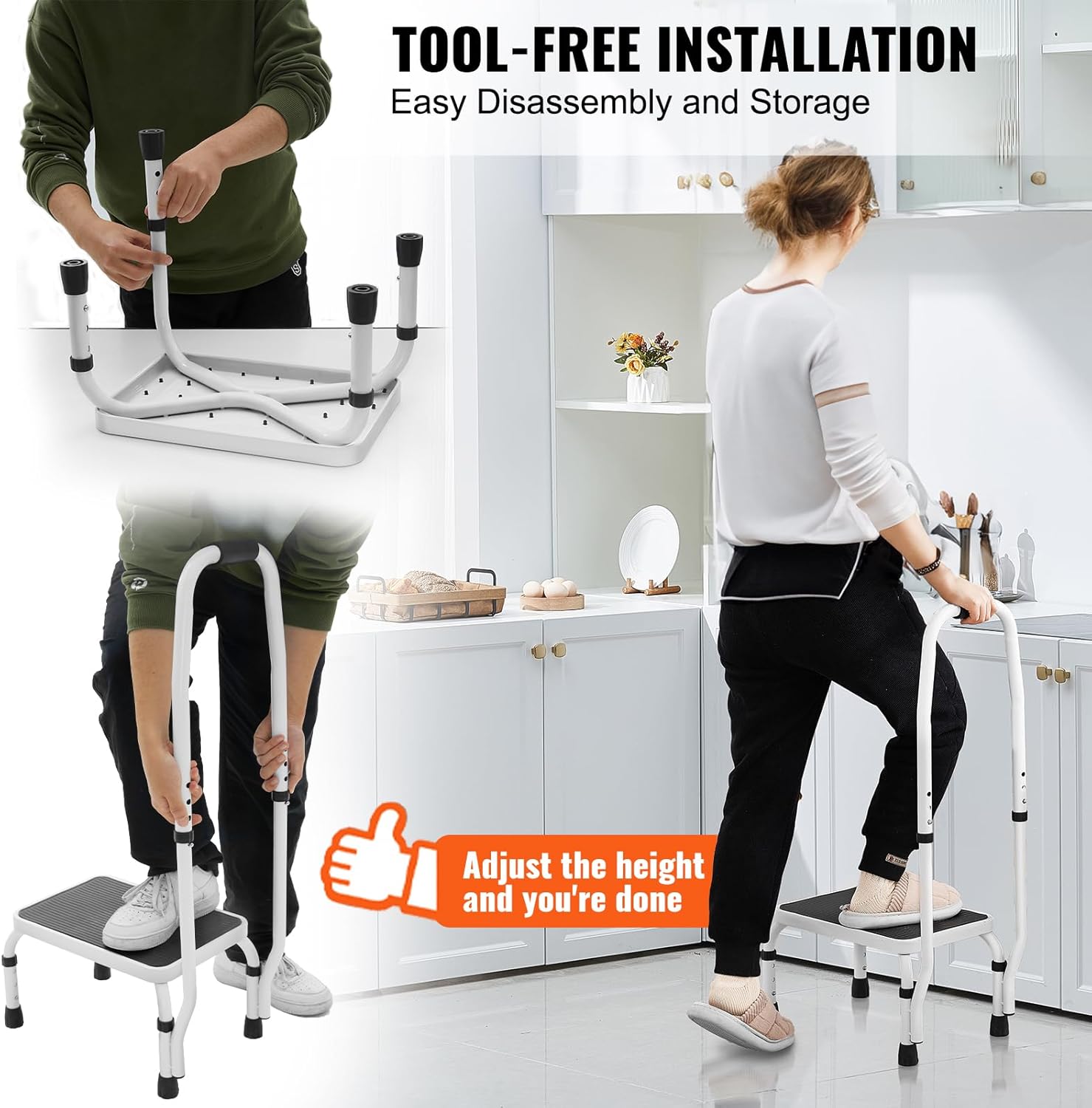 VEVOR Ladder met 1 treden, capaciteit 150 kg, opvouwbare ladder van staal, 3 verstelbare hoogtes, draagbare trapladder voor peuters voor volwassenen, robuuste antislip trapladder voor kantoor, camper