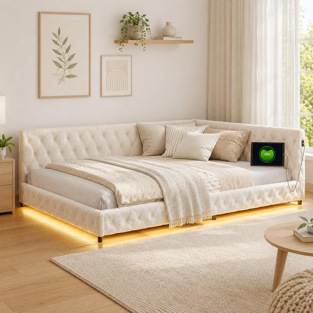 Canapé-Lit Convertible LKPOMI 2 Places — Velours Beige, Lit 180x200 cm
