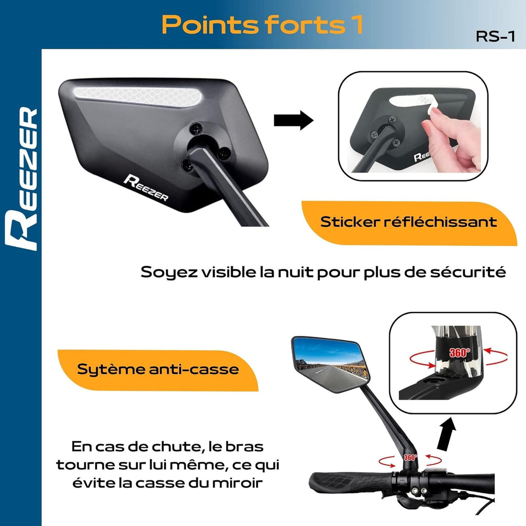 REEZER Achteruitkijkspiegel voor fiets, e-bike en elektrische step, geweldig cadeau, luxe, compatibel met alle modellen, reflecterend, 360° verstelbaar, links
