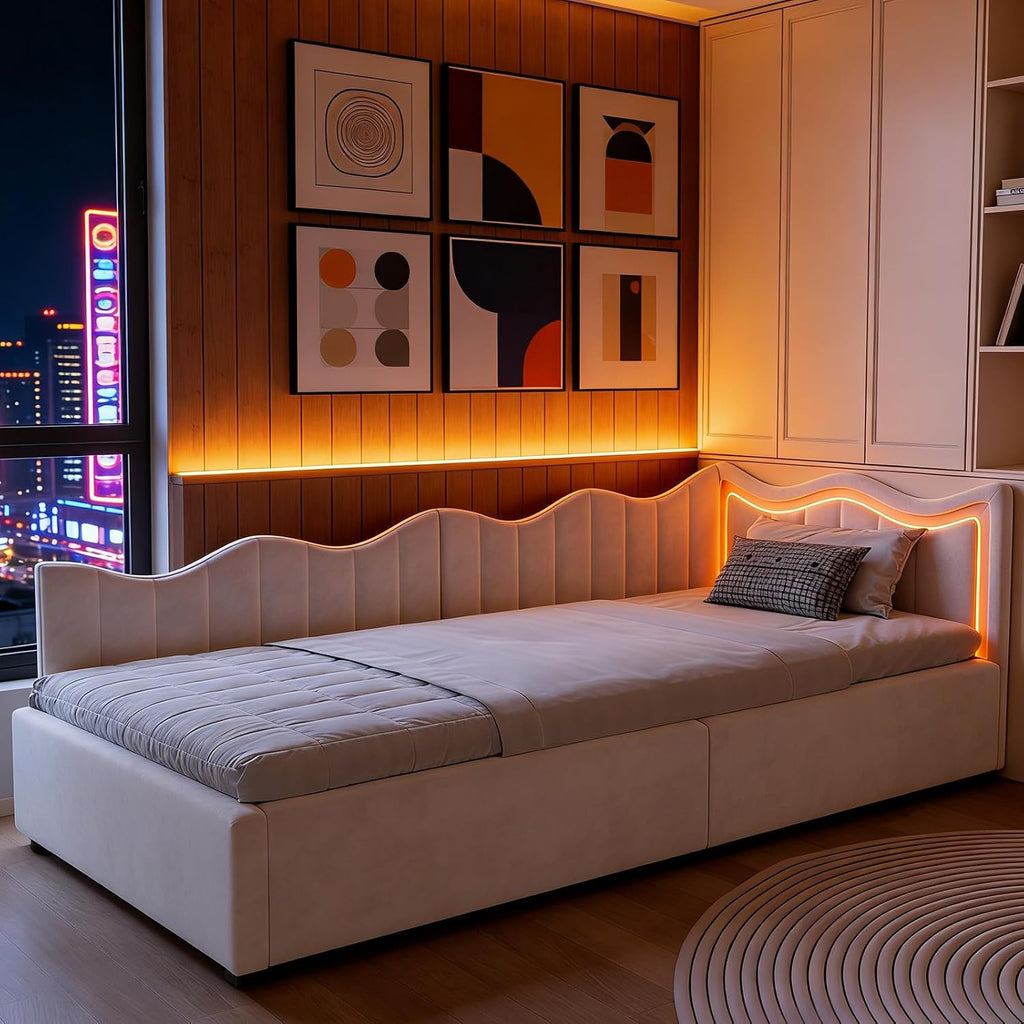 Canapé-Lit Convertible LKPOMI 2 Places — Velours Beige, Lit 180x200 cm