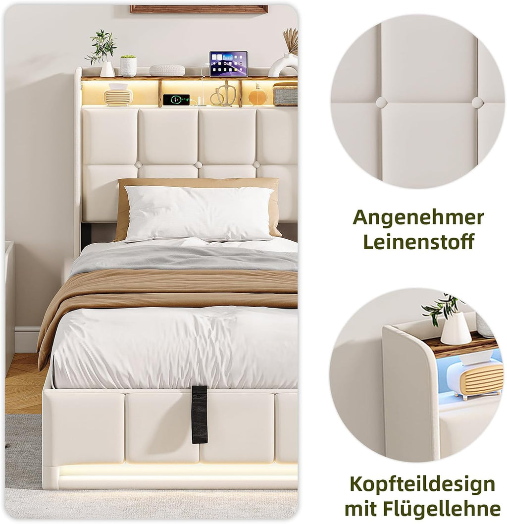 Lit Coffre BRILVERDE | LED RGB & Port USB | Sommier à Lattes | Tissu Lin | 90 à 160 x 200 cm