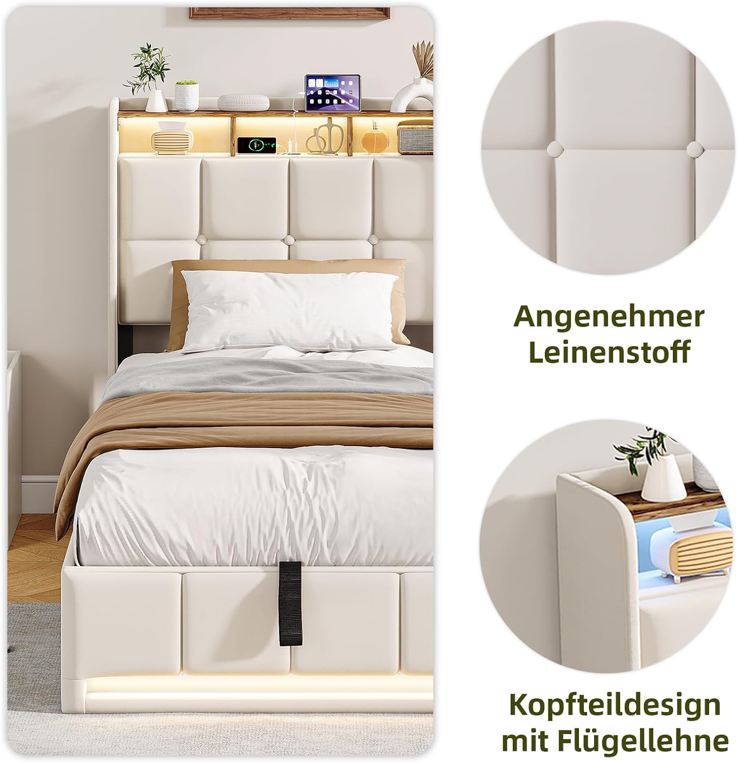 Lit Coffre BRILVERDE | LED RGB & Port USB | Sommier à Lattes | Tissu Lin | 90 à 160 x 200 cm