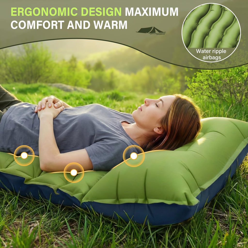FUN PAC Ultralichte campingmatras met kussen, geïntegreerde voetpomp, compacte opblaasbare slaapmat voor kamperen, wandelen, reizen, tent, blauw en groen, 27 x 7,6 x 9,9 cm