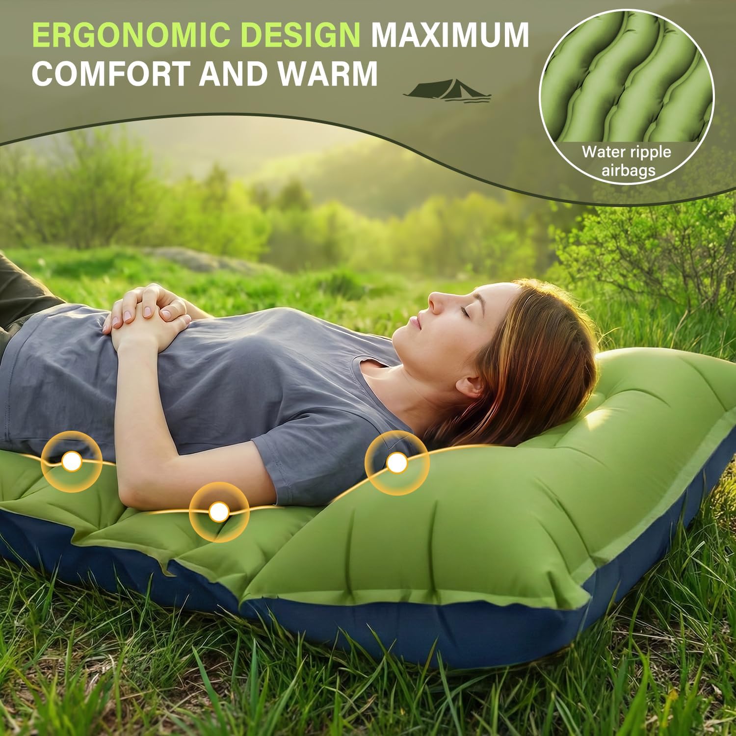 FUN PAC Ultralichte campingmatras met kussen, geïntegreerde voetpomp, compacte opblaasbare slaapmat voor kamperen, wandelen, reizen, tent, blauw en groen, 27 x 7,6 x 9,9 cm
