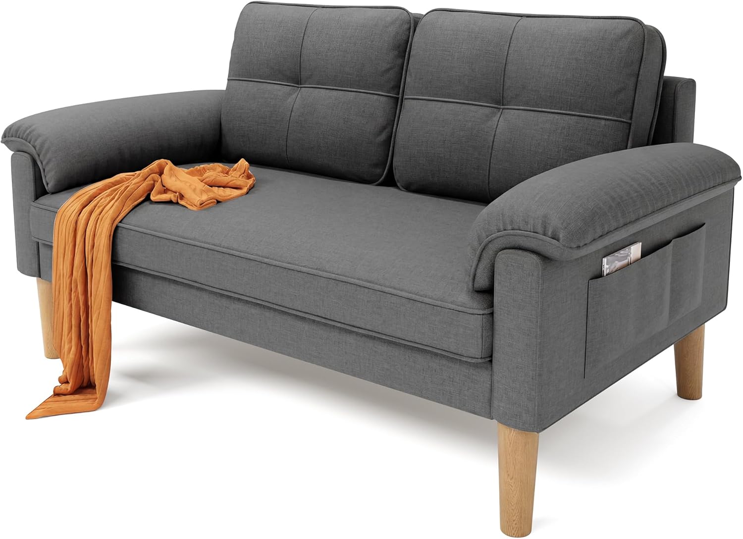 Canapé 2 Places en Lin – Gris Anthracite, Pieds Bois, Poches Latérales | Petit Espace