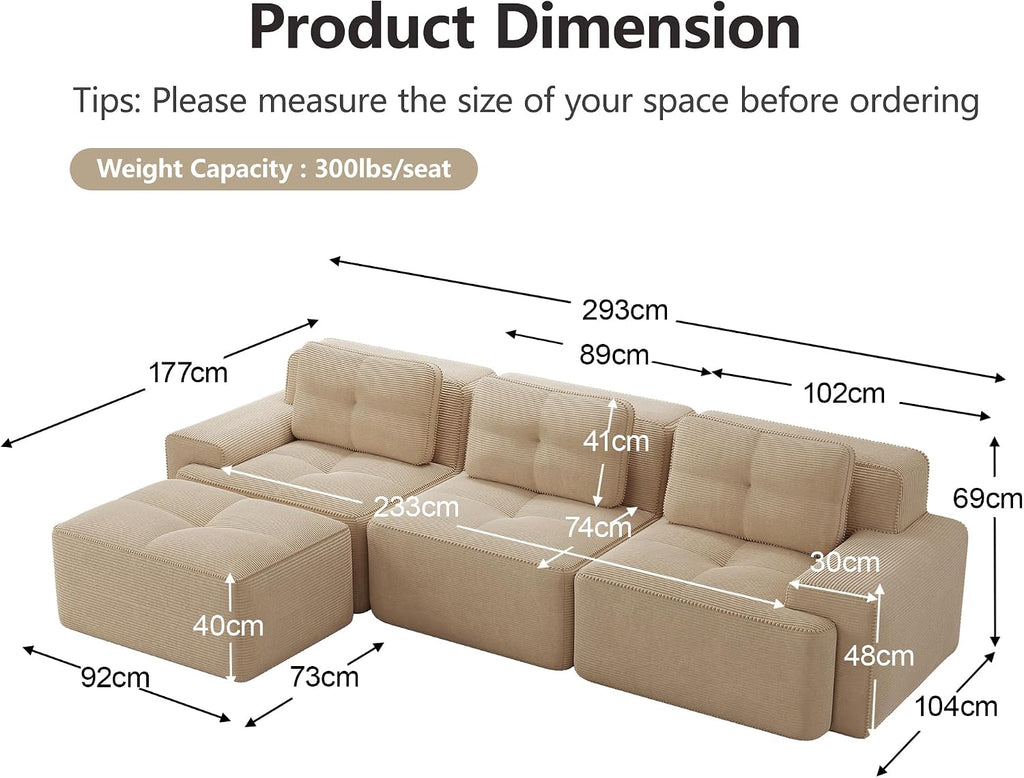 Canapé Modulable Cloud en Velours Côtelé – Assise Profonde, Convertible, Sans Montage