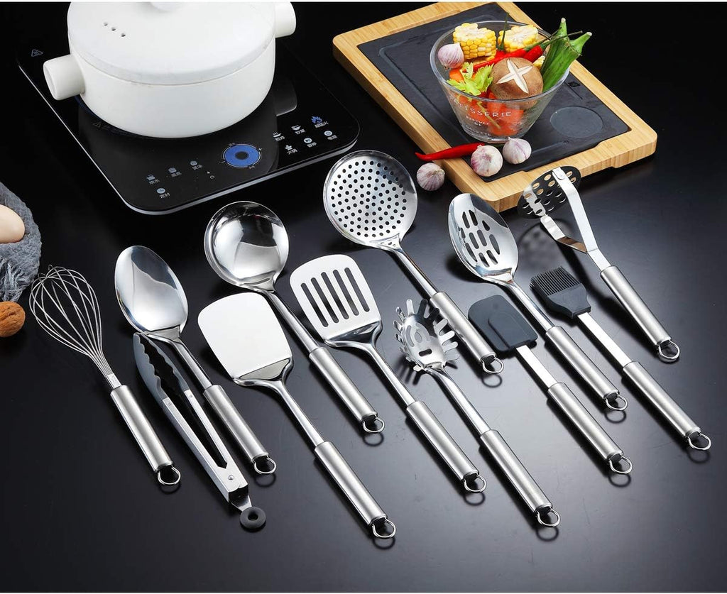 Set d'Ustensiles de Cuisine Berglander 13 Pièces — Inox Poli Miroir avec Support