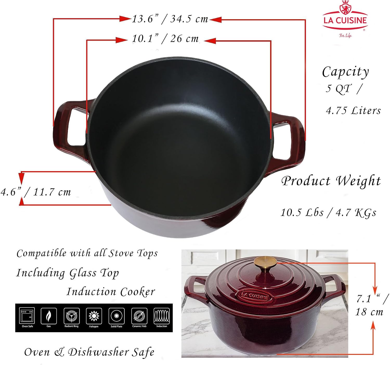 Cocotte Ovale en Fonte Émaillée La Cuisine – 5 L, Canneberge, Bouton Doré, Induction