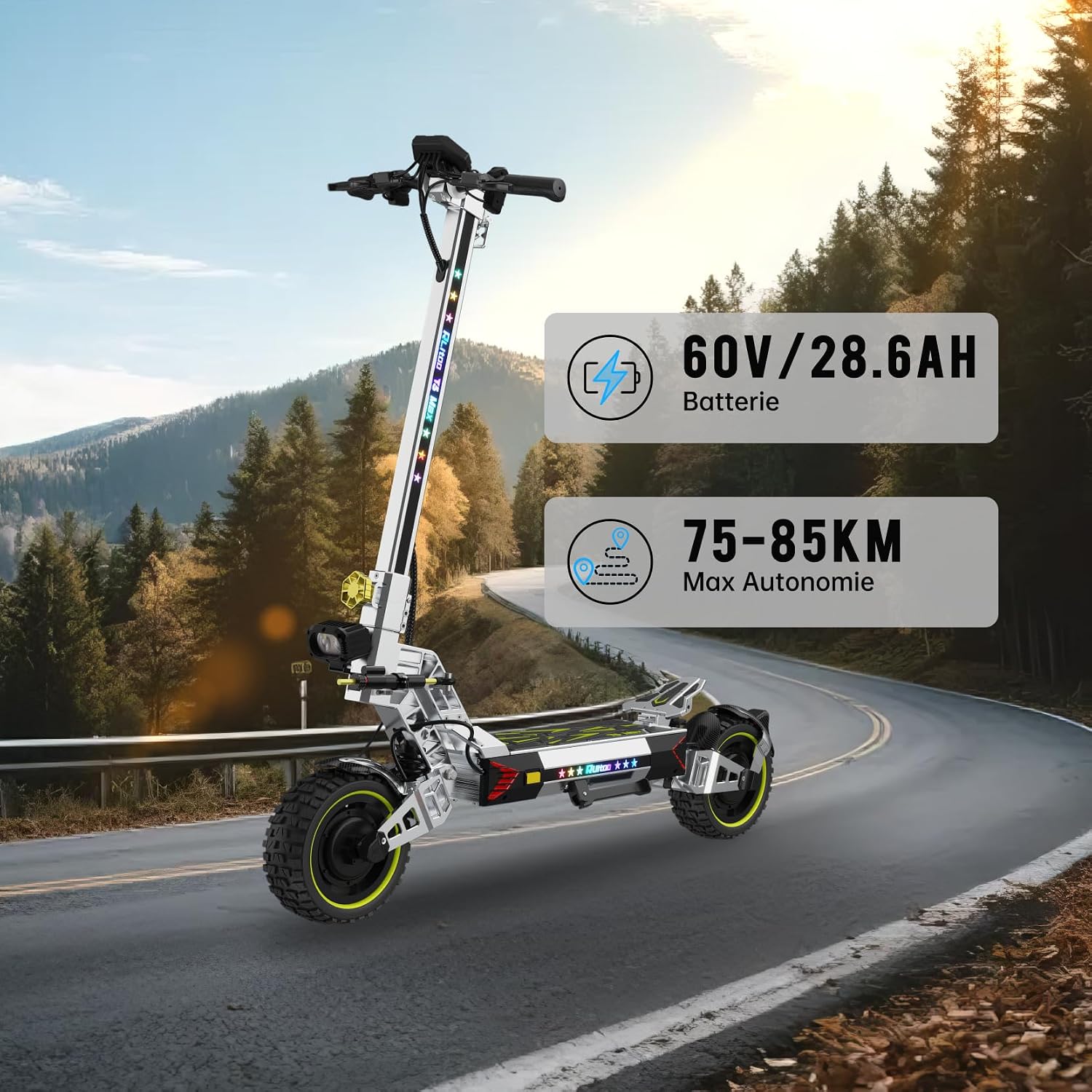 Elektrische step, RT6/T2 Max/ M5 Pro/T2 Master/T3 Max, motor 800 W/1000 W/1200 W/2400 W/3000 W, bereik 55/65/75/85 km, all-terrain banden, 3 snelheidsmodi, intelligent display