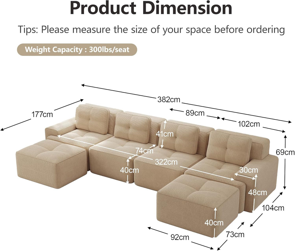 Canapé Modulable Cloud en Velours Côtelé – Assise Profonde, Convertible, Sans Montage