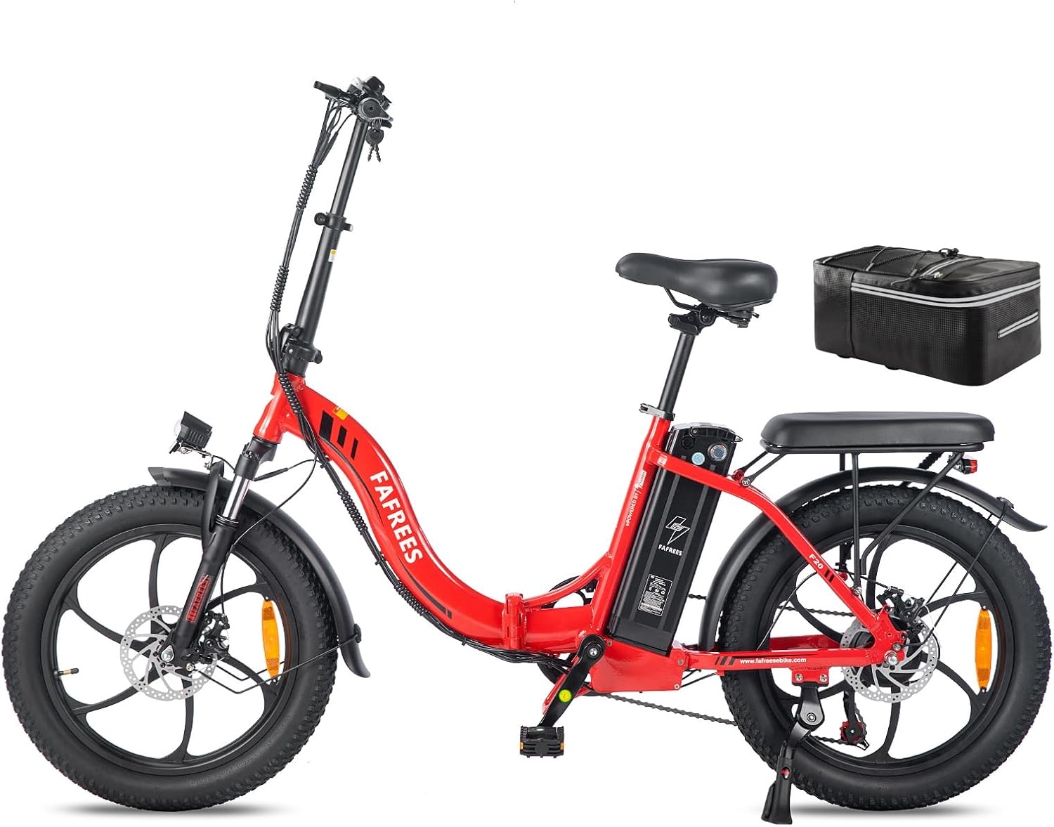 Fafrees F20 elektrische vouwfiets met 250W motor en een zwart tasje aan de zijkant, ideaal voor stadsgebruik