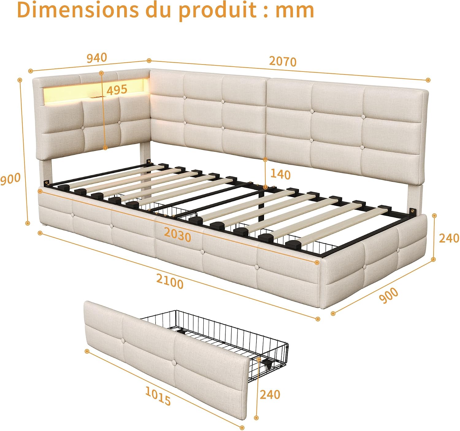 Lit Coffre 90x200 cm – Tête de Lit Rangement, Éclairage LED 16 Couleurs & Ports USB/USB-C