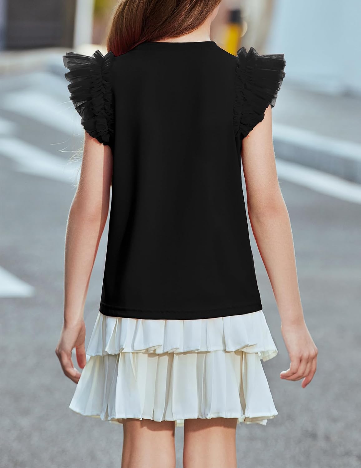 Arshiner T-shirt met kanten mouwen voor meisjes, zomertop, ronde hals, korte mouwen, casual, effen, 5-14 jaar