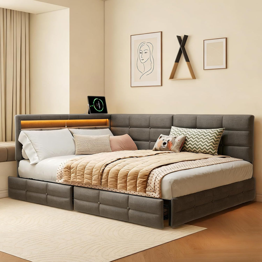 Canapé-Lit Convertible LKPOMI 2 Places — Velours Beige, Lit 180x200 cm