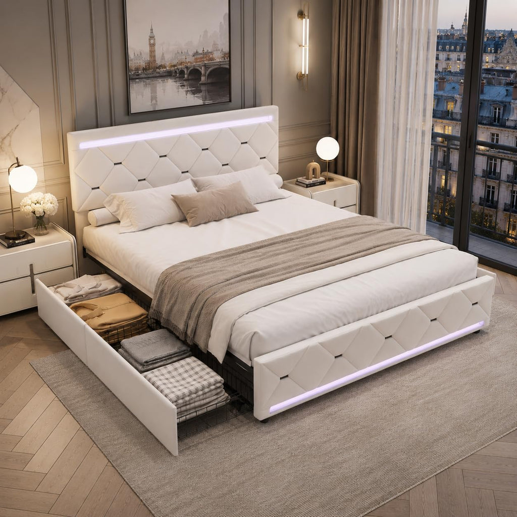 Lit Double 140x200 cm – 4 Tiroirs de Rangement, Éclairage LED +6000 Couleurs & Tête de Lit Réglable en PU