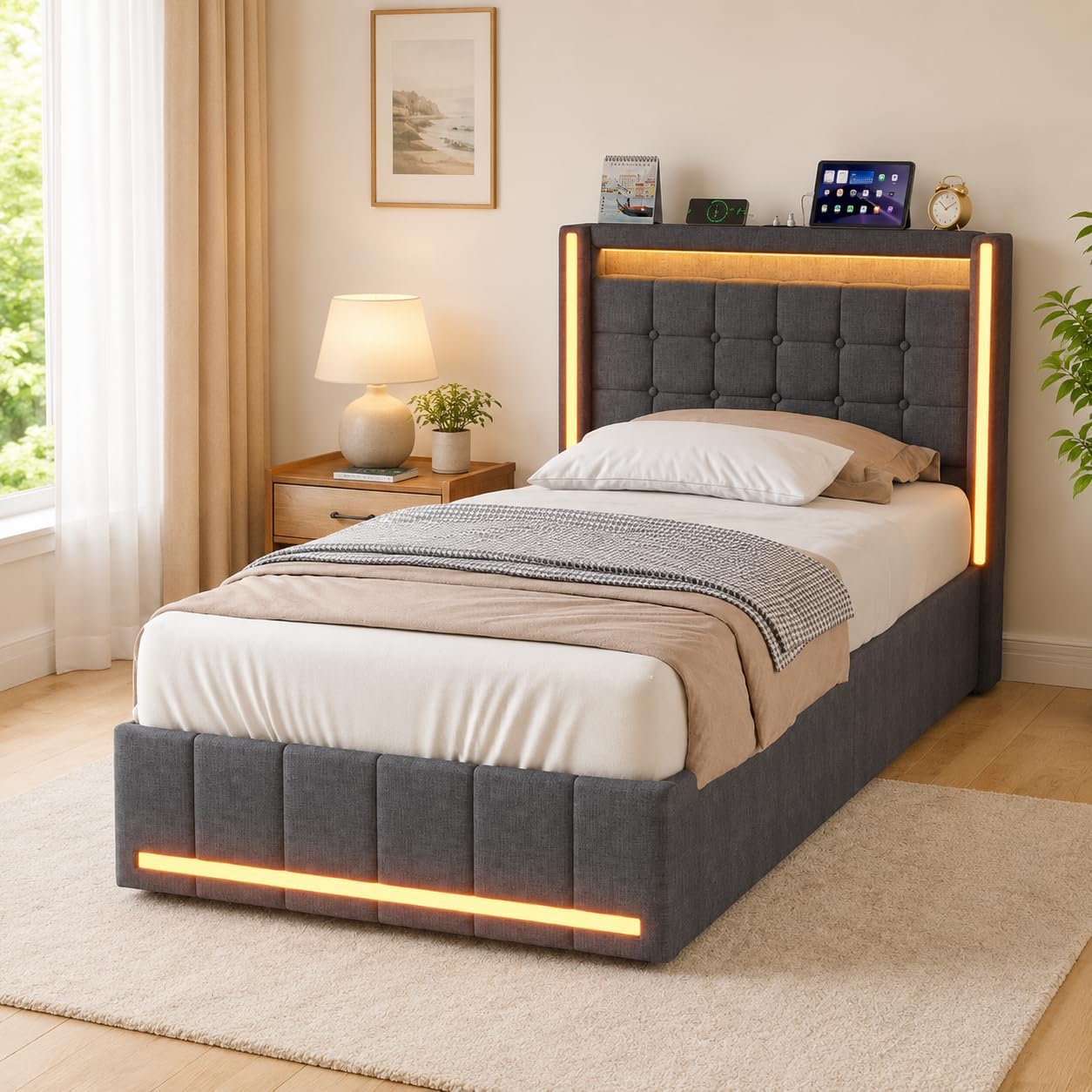 Lit Coffre 90x200 cm – Tête de Lit Rangement, Éclairage LED 16 Couleurs & Ports USB/USB-C