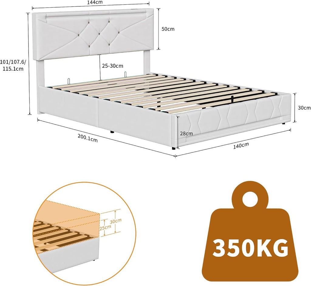 Lit Coffre BRILVERDE | LED RGB & Port USB | Sommier à Lattes | Tissu Lin | 90 à 160 x 200 cm
