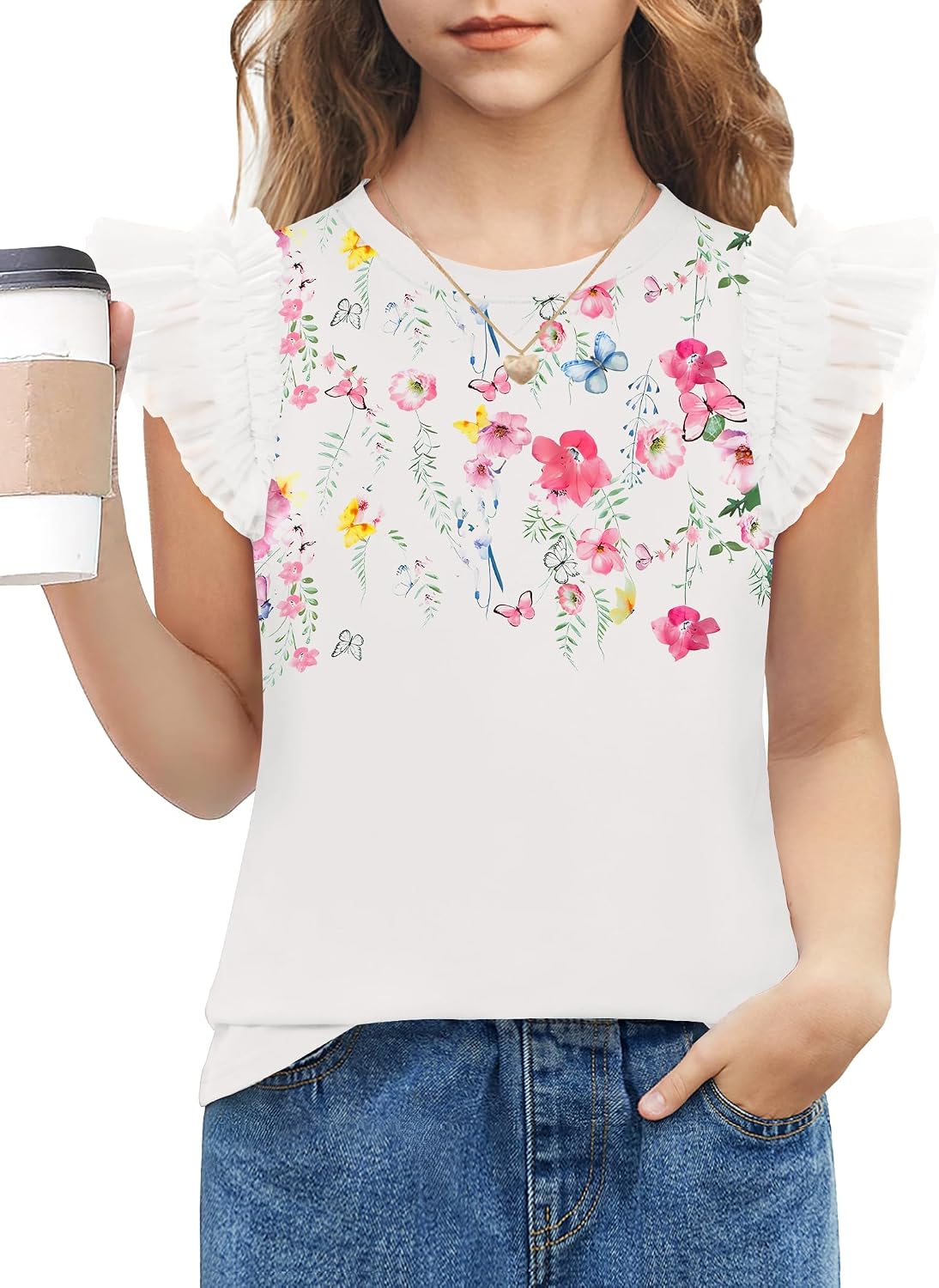 Arshiner T-shirt met kanten mouwen voor meisjes, zomertop, ronde hals, korte mouwen, casual, effen, 5-14 jaar
